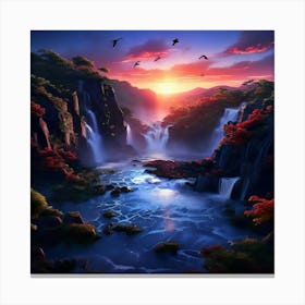 Wild Waterfall Landscape Nature With Blue And Red Birds Square On Sunset Canvas Print