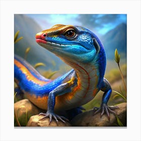 Vibrant Blue And Orange Lizard In Grassland Canvas Print