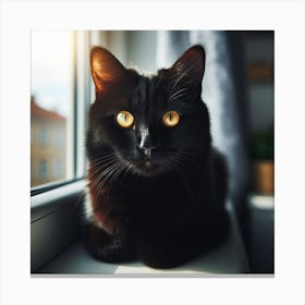 Black Cat Sitting On Window Sill 1 Canvas Print