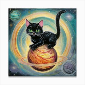 Whimsical Black Cat Perched On Vibrant Planet With Rings Canvas Print