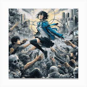 Girl Flying Over A Crowd Of Zombies Canvas Print