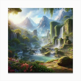 Waterfalls In The Forest paintings art print Canvas Print