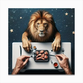 The lion eats steak on a table 2 Canvas Print