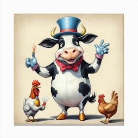 Cow And Chickens 3 Canvas Print