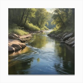 A realistic oil painting of a river, capturing the play of light and shadow on the water's surface and the intricate textures of the surrounding landscape. 3 Canvas Print