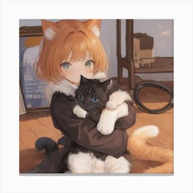 Kawaii Girl With Cat Canvas Print