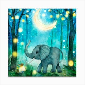 Watercolor Of A Baby Elephant Turquoise Skin Frolicking In An Enchanted Forest With Translucent Fa Canvas Print