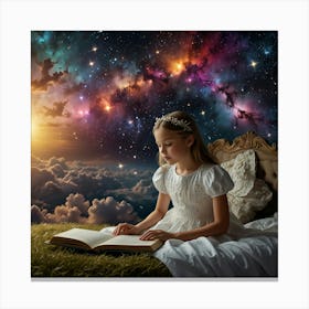 Little Girl Reading A Book In The Sky Canvas Print