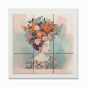 woman portrait with watercolour  floral head crown  Canvas Print