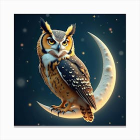 A Majestic Owl With Feathers Of Sparkling Stardust Perched On A Celestial Moon Canvas Print