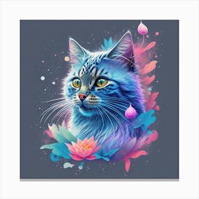 Blue Cat With Flowers 1 Canvas Print