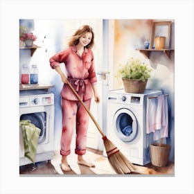 Woman In Pajamas Busy with Laundry Canvas Print