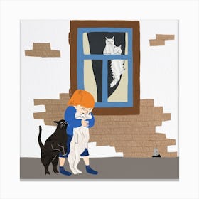 Cats and boy love illustration Canvas Print