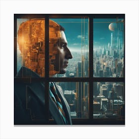 A Man S Head Shows Through The Window Of A City, In The Style Of Multi Layered Geometry, Egyptian Ar (2) Canvas Print
