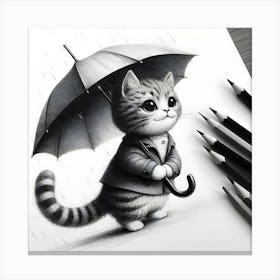 A Black And White Pencil Sketch Of A Cat Holding An Umbrella 2 Canvas Print