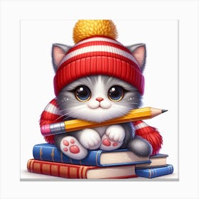 Cute Kitten Sitting On Books Canvas Print
