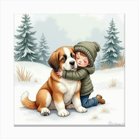 Watercolor Of A Child Hugging A Saint Bernard In A Snowy Landscape Canvas Print