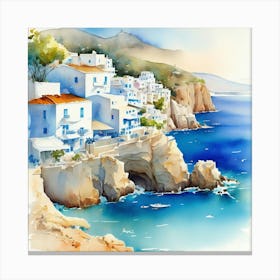 Watercolor Of Greece.Summer on a Greek island. Sea. Sand beach. White houses. Blue roofs. The beauty of the place. Watercolor. Canvas Print