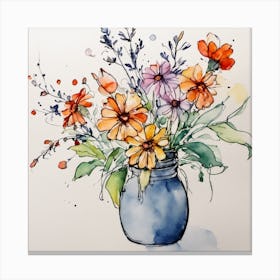 Watercolor Flowers In A Mason Jar Canvas Print