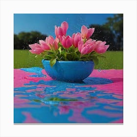 Pink Tulips In A Blue Bowl Canvas Print