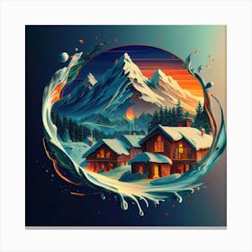 Abstract painting of a mountain village with snow falling 26 Canvas Print