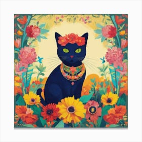 Black Cat With Flowers Canvas Print