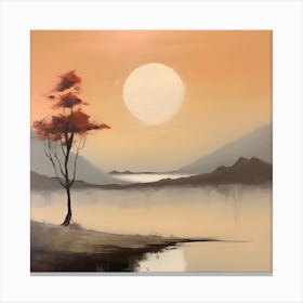 Sunset By The Lake In Earth Tones, Landscape Painting Canvas Print