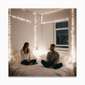 Couple Sitting On Bed With Christmas Lights Canvas Print