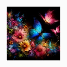 Butterflies and flowers black background Canvas Print