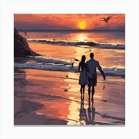 Couple Walking On The Beach At Sunset 1 Canvas Print