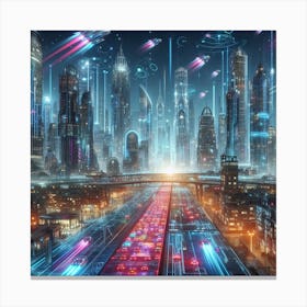 A futuristic cityscape with flying cars2 Canvas Print