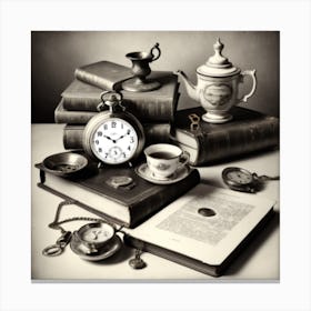 Monochromatic Still Life Composition Featuring A Collection Of Vintage Objects Such As Old Books A Pocket Watch And An Antique ( Canvas Print