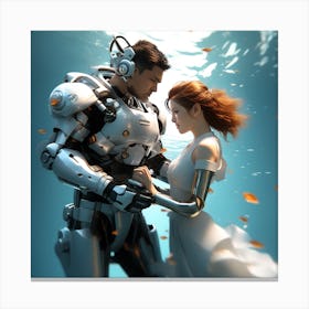 3d Dslr Photography Couples Inside Under The Sea Water Swimming Holding Each Other, Cyberpunk Art, By Krenz Cushart, Wears A Suit Of Power Armor Canvas Print