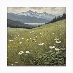 vintage oil painting of wild flowers in a meadow, mountains in the background 1 Canvas Print