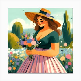 Shy Woman In A Dress, Hat, Holding Flowers In Nature Canvas Print