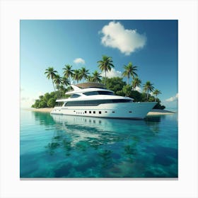 Elegant White Yacht Docked At A Tropical Island With Palm Trees 1 Canvas Print