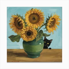 Vase With Three Sunflowers With A Black Cat, Van Gogh Inspired 10 Canvas Print