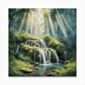 A Tranquil Retreat Watercolor Painting Of A Forest Waterfall (4) Canvas Print