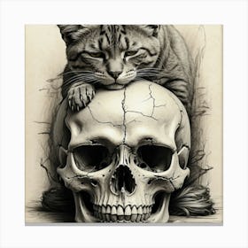 Skull with a black cat on top of the forehead sleeping Canvas Print