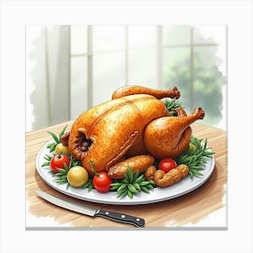 Watercolor Scene Of A Classic And Savory Roast Chicken With Vegetables On A Modern Dining Table Canvas Print