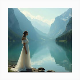 Lady Standing Alone By The Mountain Lake Canvas Print