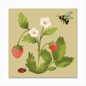 Bee flying around strawberry branch summer illustration Canvas Print