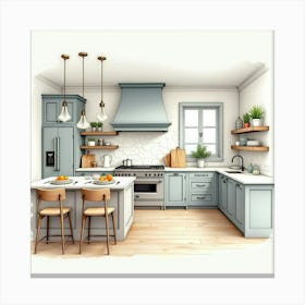 Elegant Kitchen In Watercolor, Classic With Modern Touch 1 Canvas Print