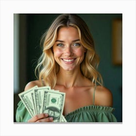 Happy Young Woman Holding Money Canvas Print