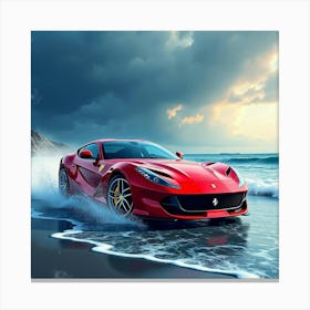 Ferrari 812 Superfast With A Vivid Watercolor Stormy Ocean Background Canvas Print