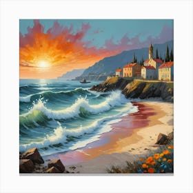 Beautiful seaside in a sunset with the gentle waves, painting art Canvas Print