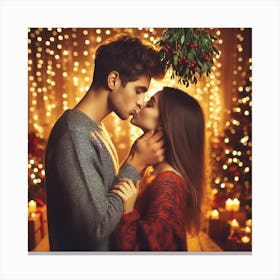 Couple Kissing In Front Of Christmas Lights 1 Canvas Print