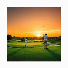 Golf Course At Sunset Golfer In Mid Swing With A Pristine White Driver Caddie Standing By With Clu (1) 2 Stampe su tela