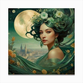 Woman With Green Hair And Flowers Canvas Print