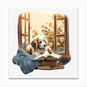 Puppy Reading A Book Canvas Print